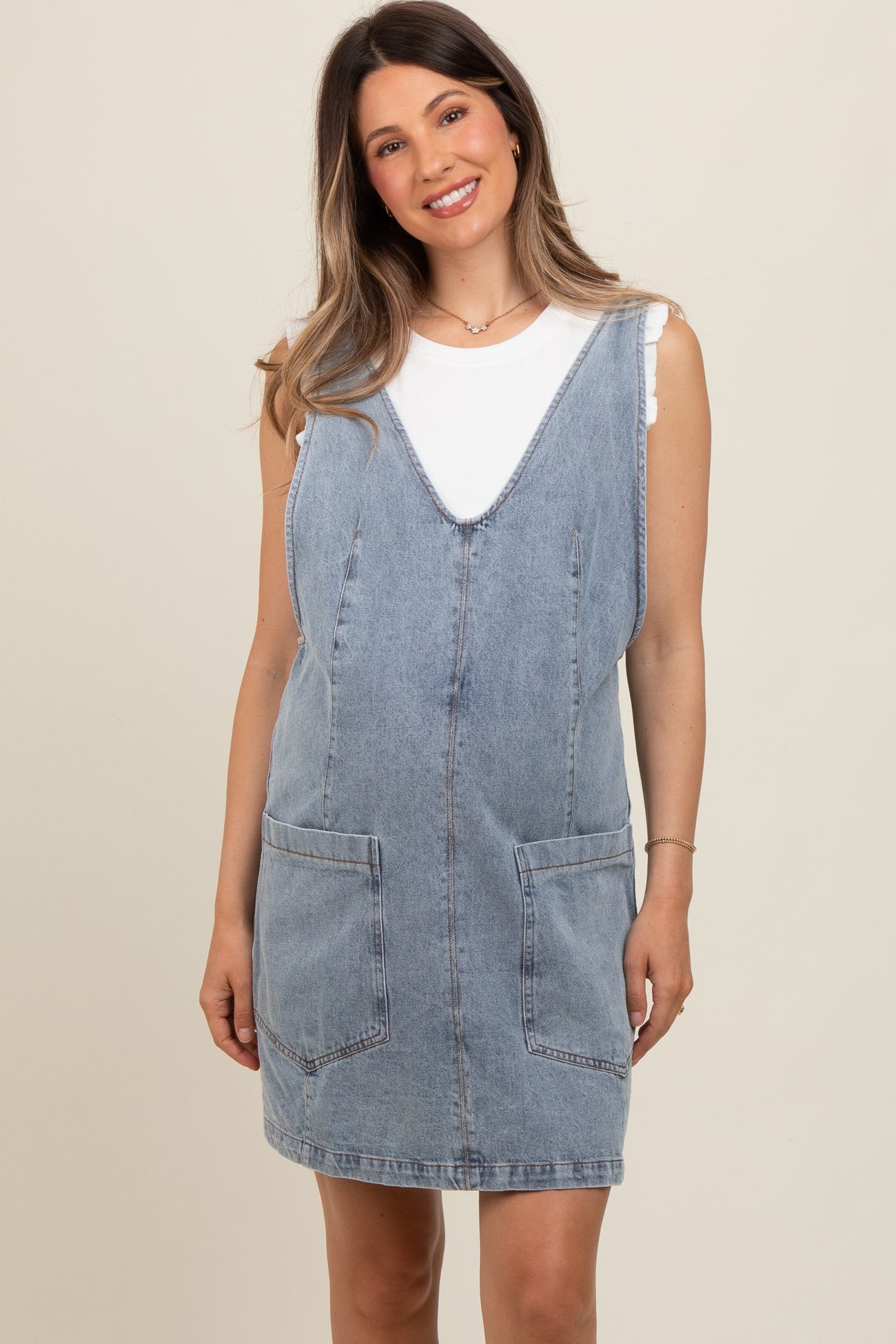 Light Blue Denim Front Pocket Maternity Skirt Overalls