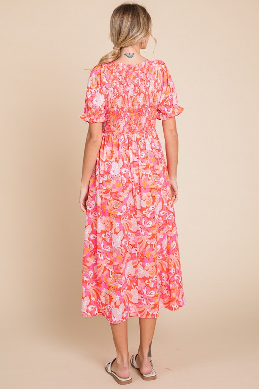 Fuchsia Floral Smocked Ruffle Short Sleeve Midi Dress