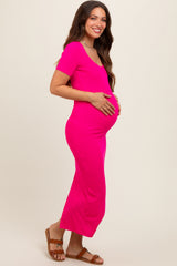 Fuchsia Ribbed Fitted Maternity Midi Dress
