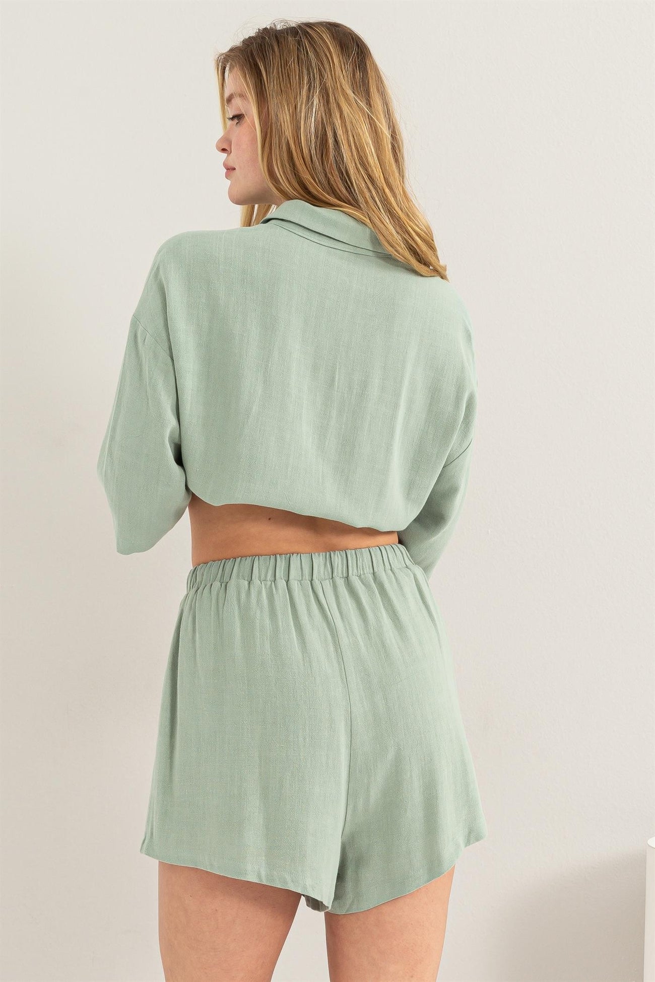 Mint Green Linen Blend Short Sleeve Short Set