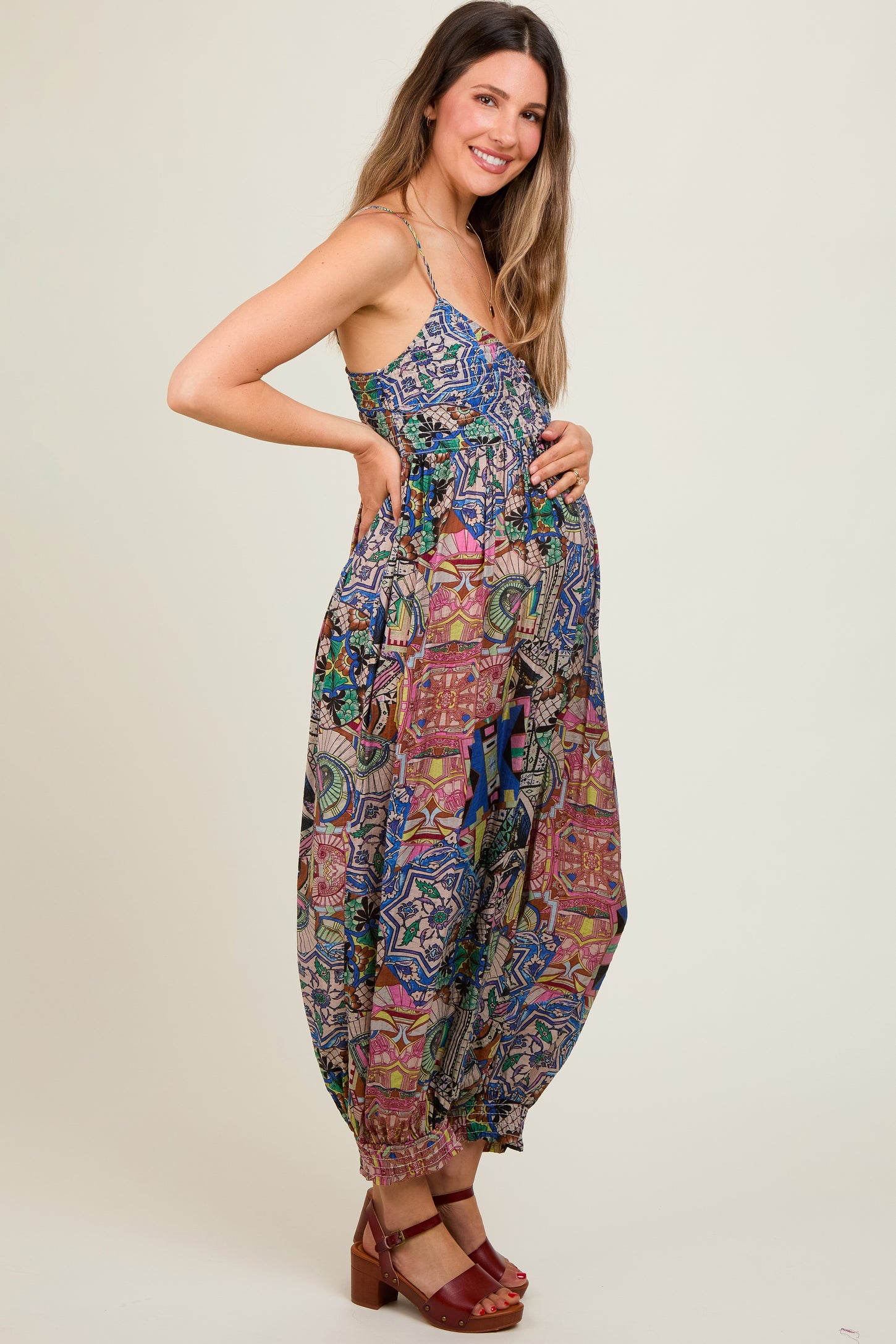 Navy Blue Smocked Button Front V-Neck Sleeveless Maternity Jumpsuit