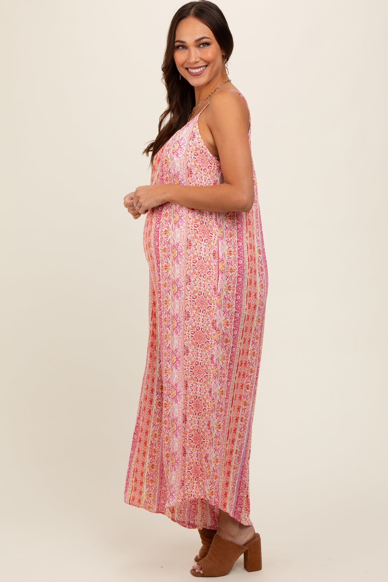 Coral Floral Striped Asymmetrical Maternity Jumpsuit