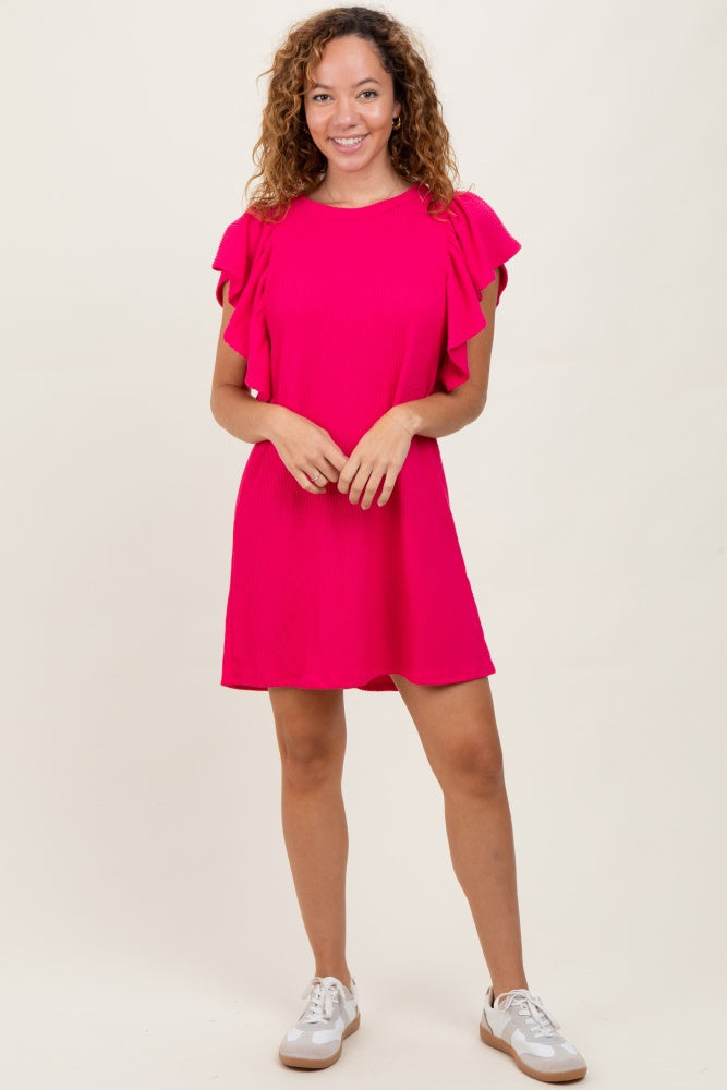Fuchsia Ribbed Ruffle Sleeve Dress