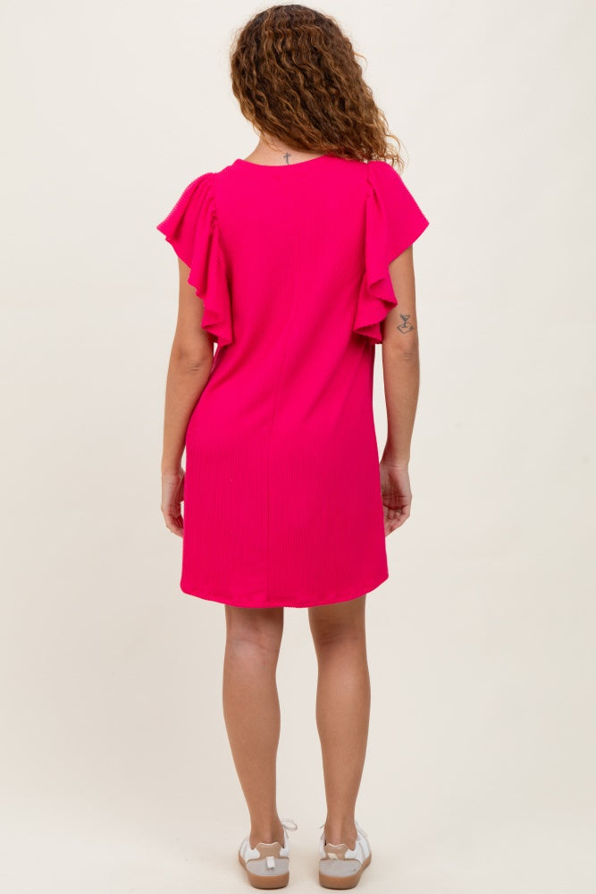 Fuchsia Ribbed Ruffle Sleeve Dress