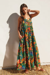 Forest Green Tropical Print Tiered Maxi Dress