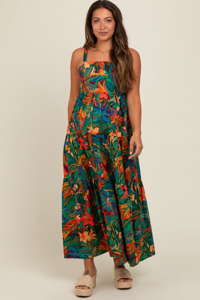 Forest Green Tropical Print Tiered Maternity Maxi Dress