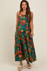 Forest Green Tropical Print Tiered Maternity Maxi Dress