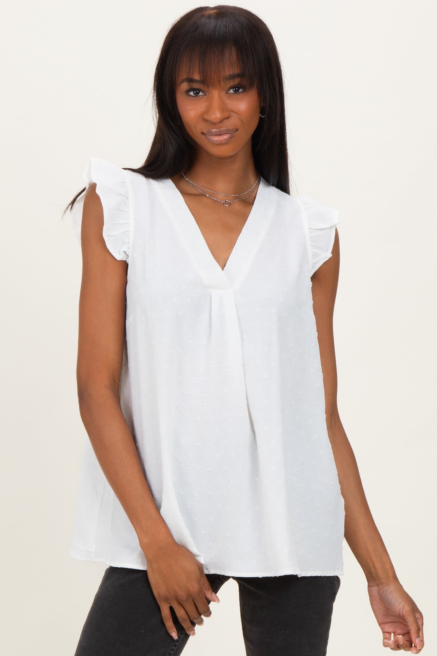 White Swiss Dot Flutter Sleeve V-Neck Maternity Top