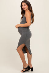 Charcoal Ribbed Side Slit Sleeveless Maternity Midi Dress