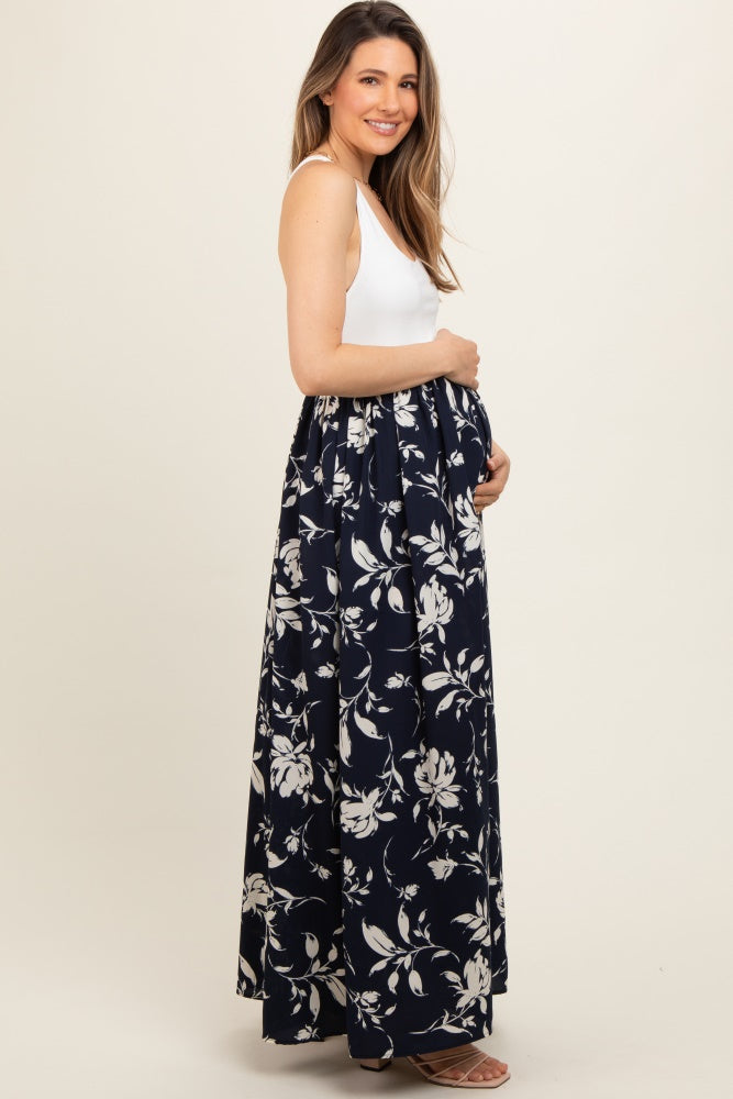 Navy Colorblock Floral Maternity Maxi Dress