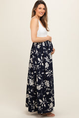 Navy Colorblock Floral Maternity Maxi Dress