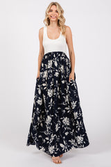 Navy Colorblock Floral Maternity Maxi Dress