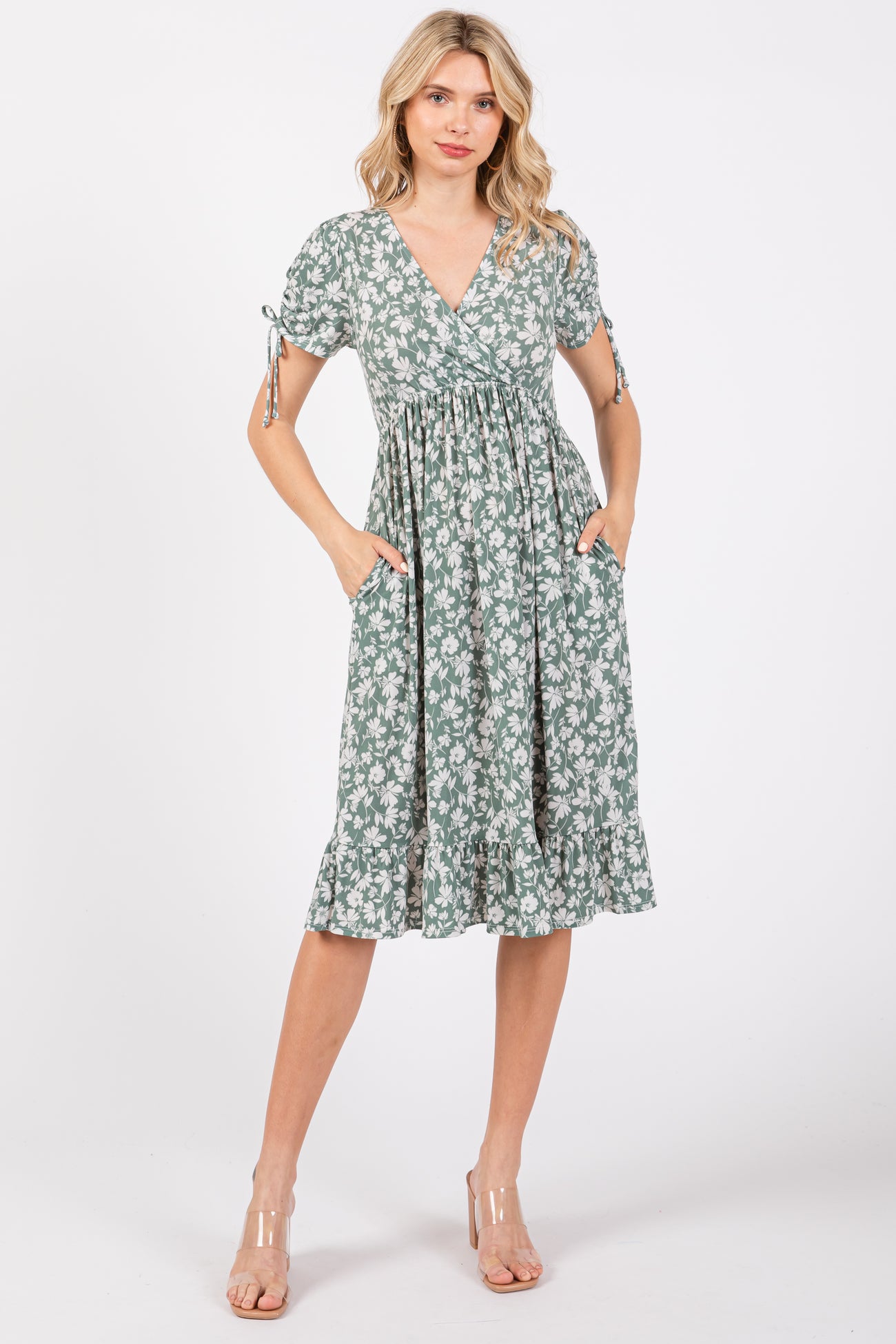 Light Olive Floral Wrap Maternity Midi Dress