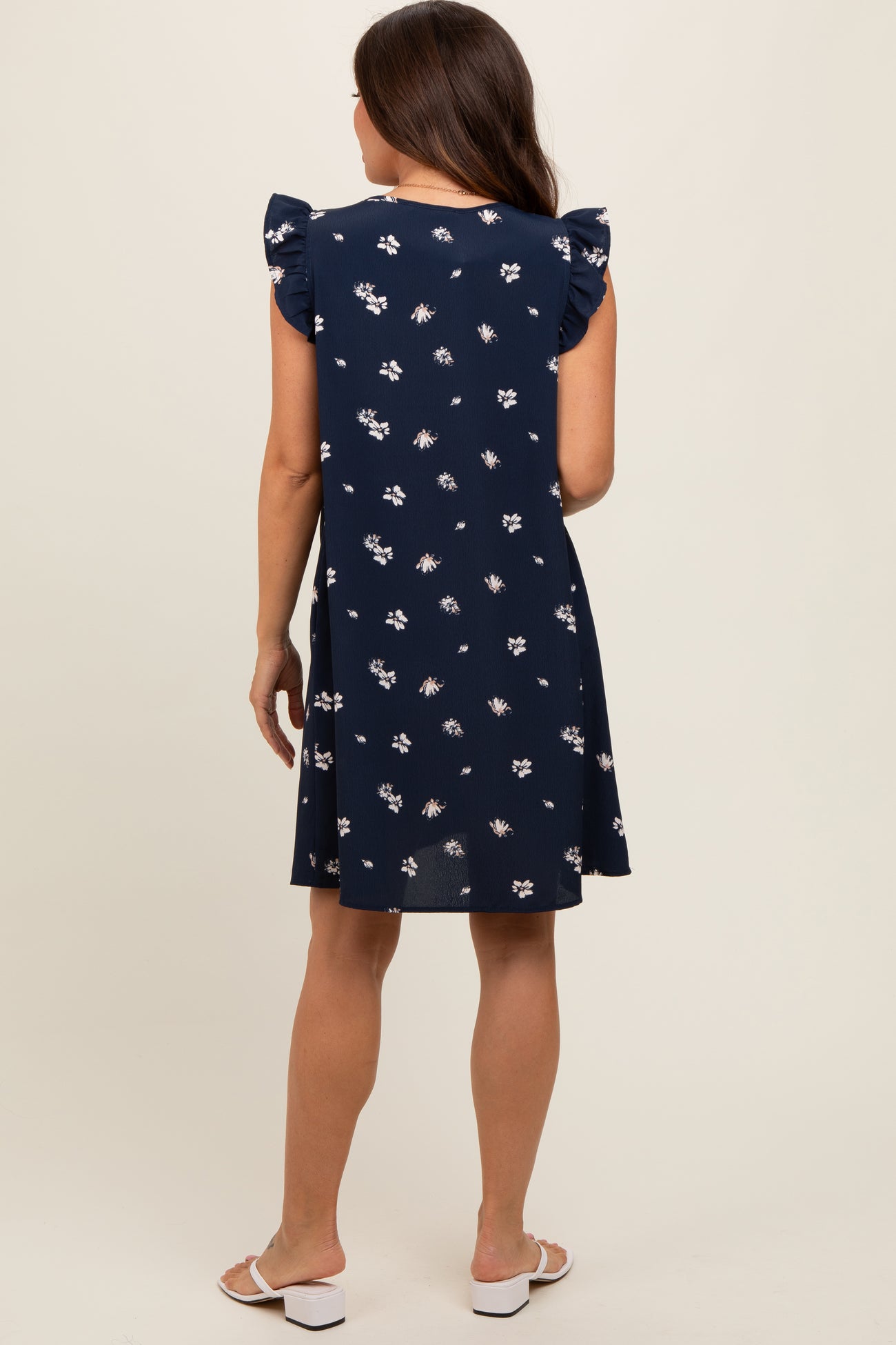 Navy Blue Floral Ruffle Cap Sleeve Maternity Dress
