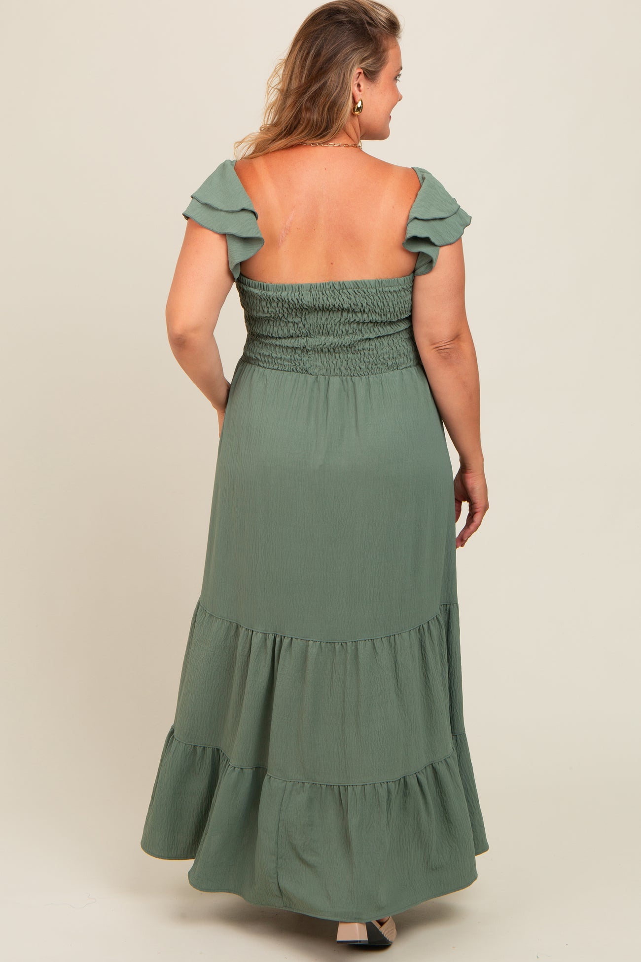 Olive Smocked Ruffle Layered Short Sleeve Tiered Maternity Maxi Dress