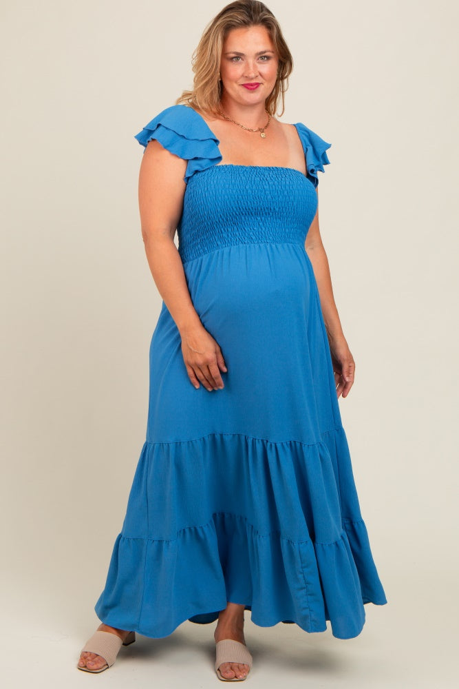 Blue Smocked Ruffle Layered Short Sleeve Tiered Maternity Maxi Dress