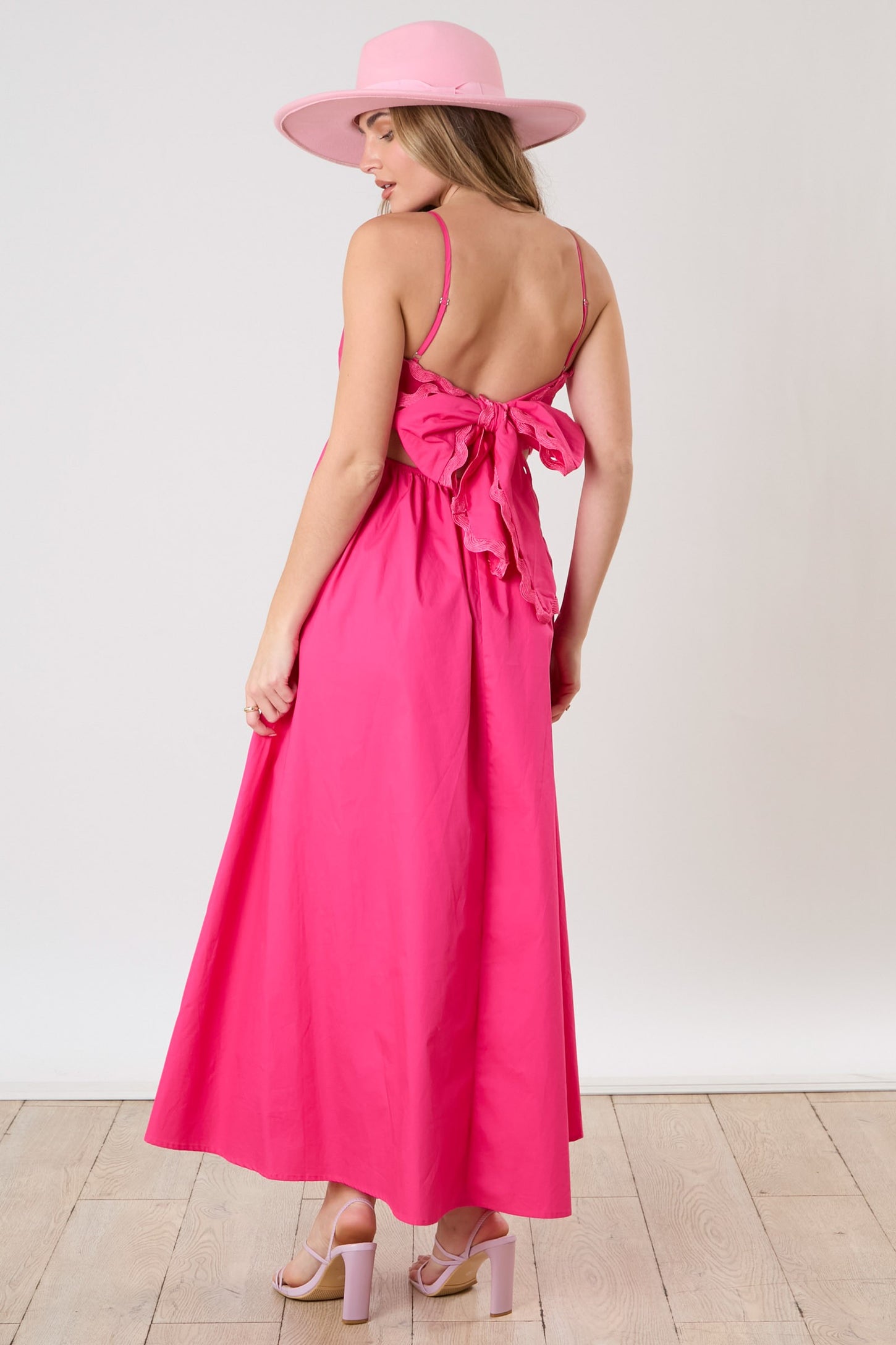 Fuchsia Scalloped Trim Cutout Back Maxi Dress