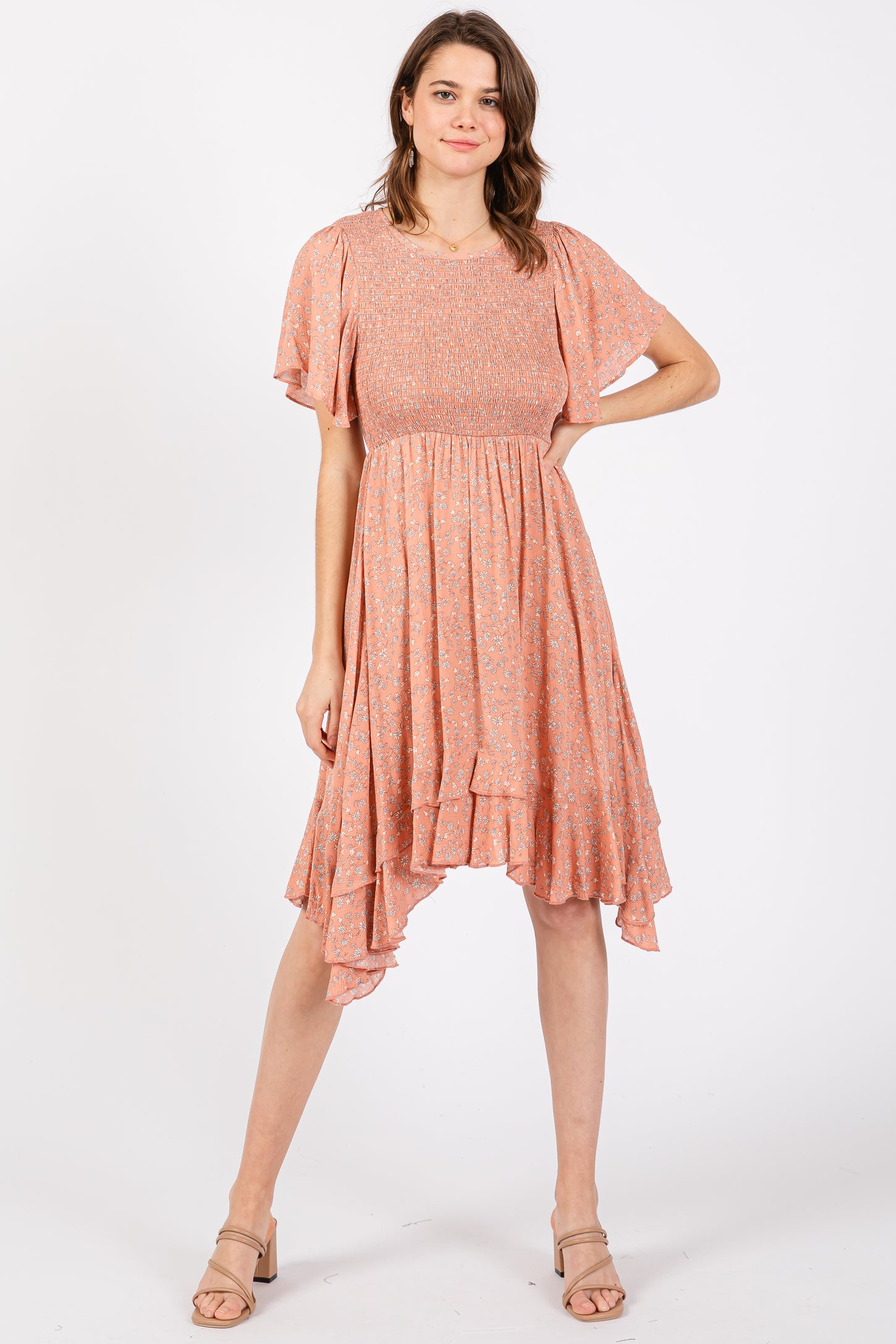 Coral Floral Smocked Ruffle Maternity Dress