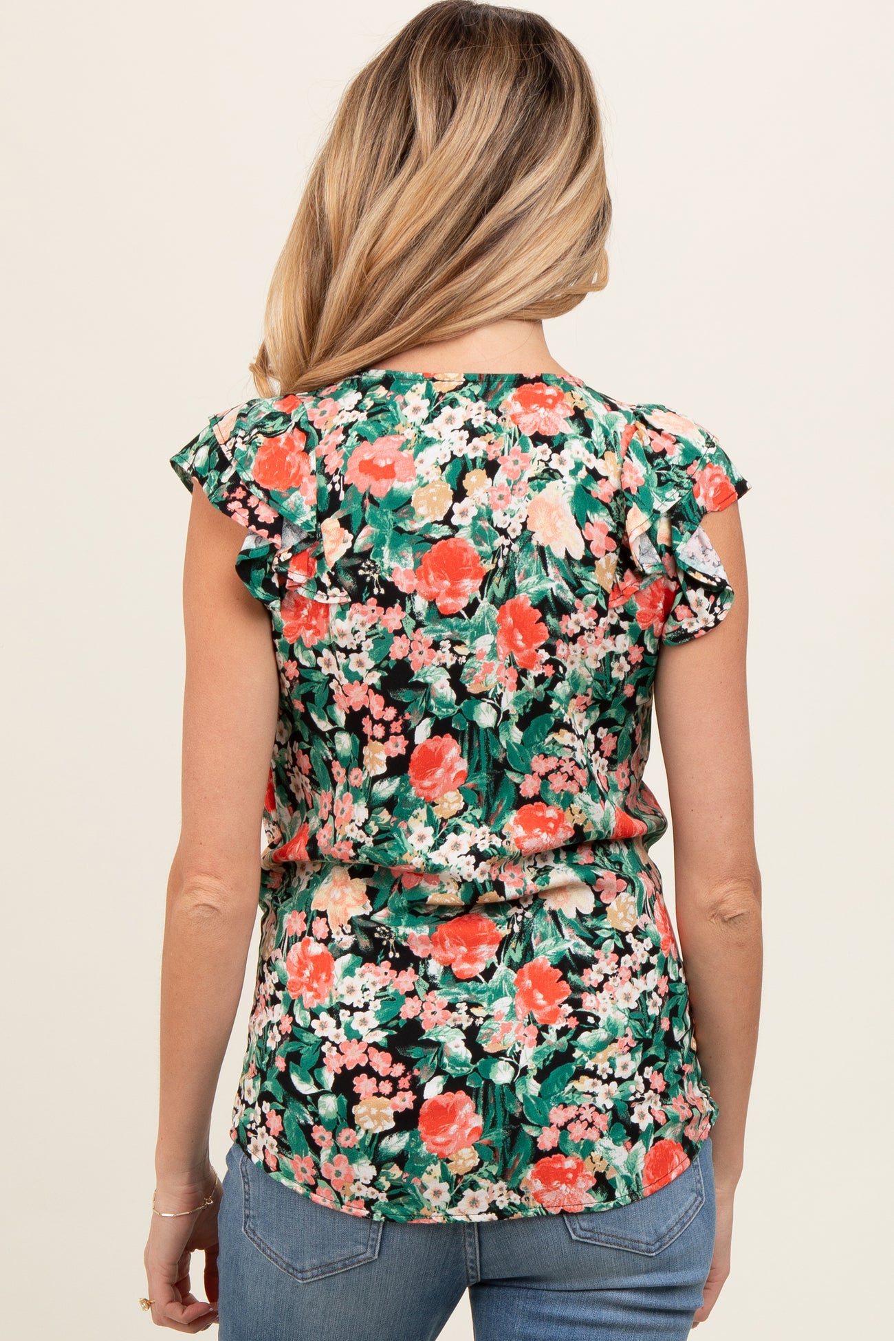 Black Floral Ruffle Cap Sleeve Maternity Top
