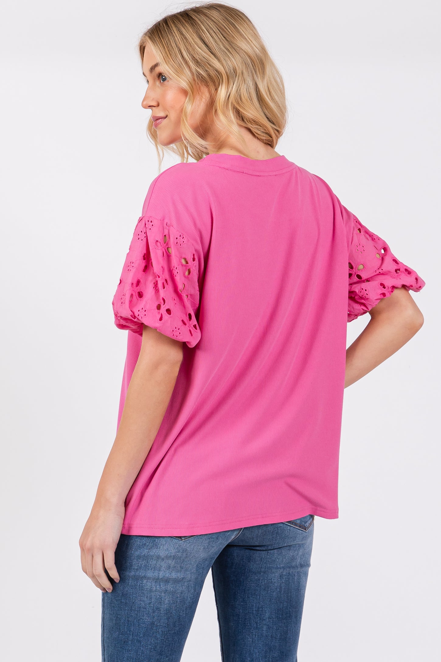 Pink Short Puff Eyelet Lace Floral Sleeve Top