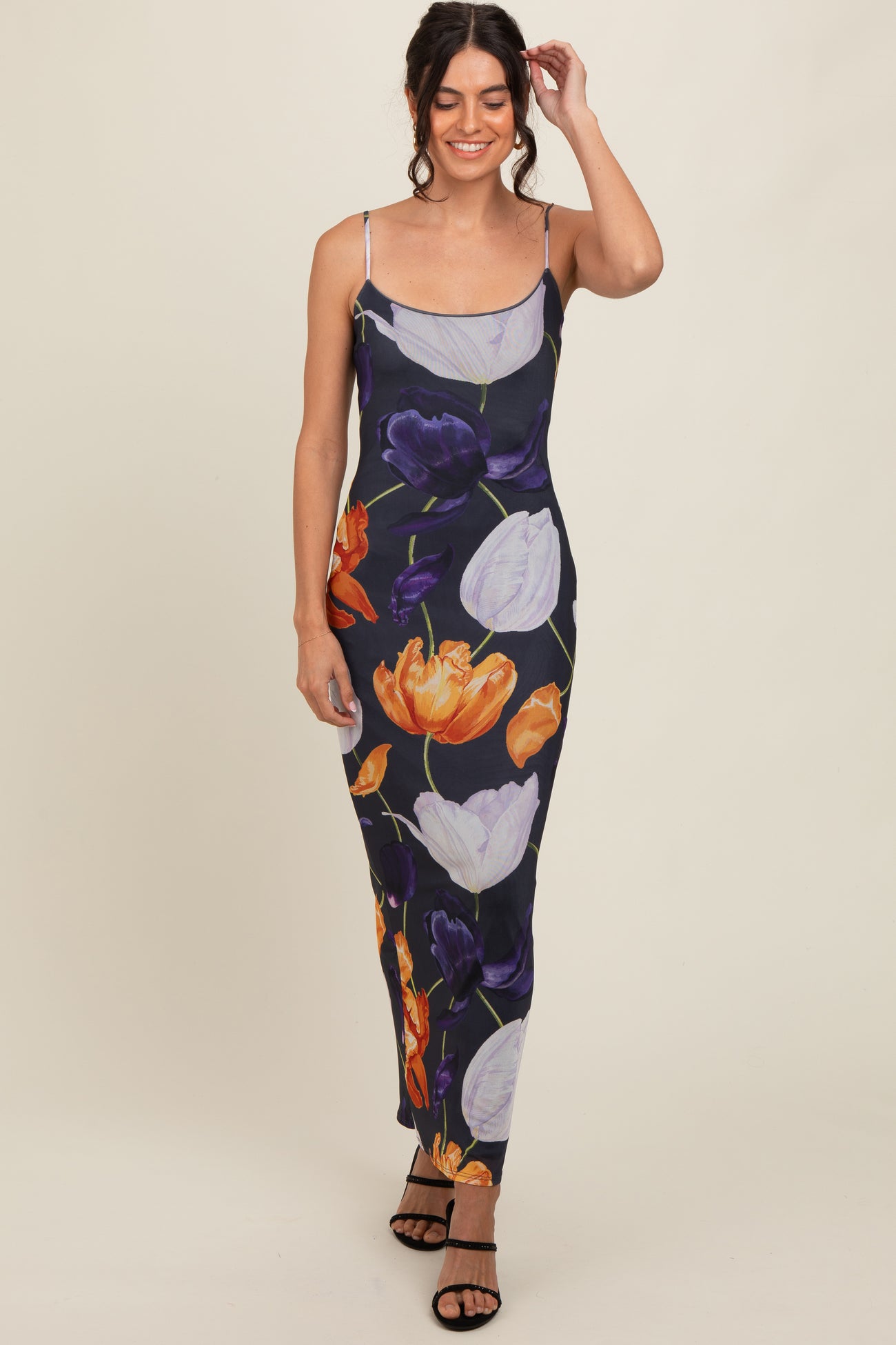 Navy Blue Floral Mesh Sleeveless Maxi Dress