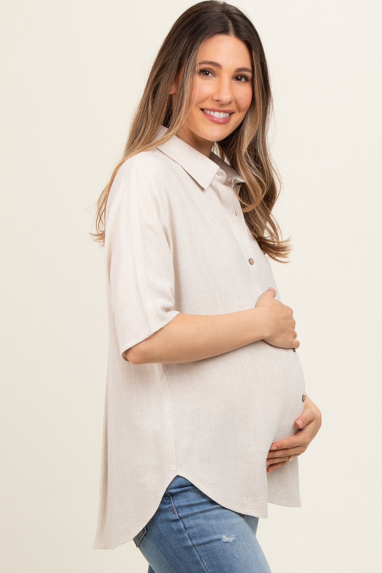 Cream Linen Dolman Half Sleeve Button Down Maternity Top