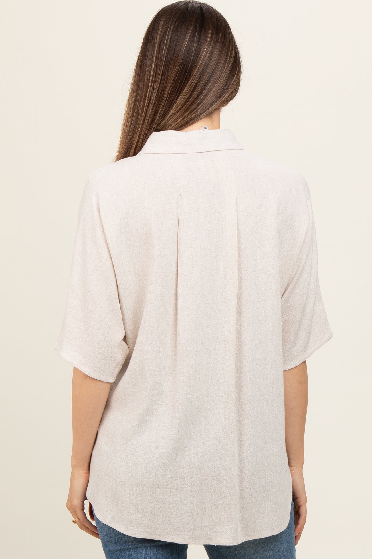 Cream Linen Dolman Half Sleeve Button Down Maternity Top