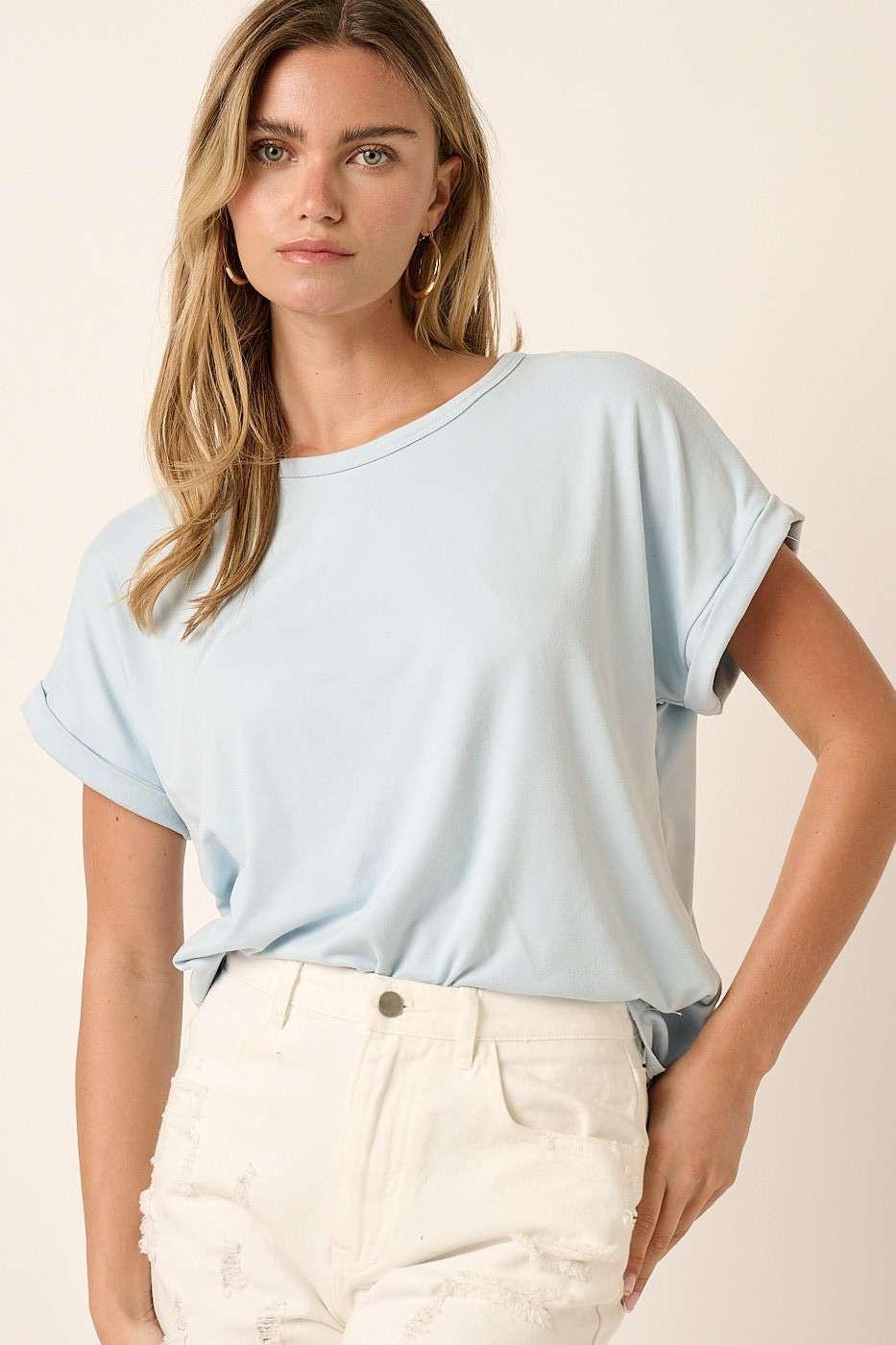 Light Blue Rolled Cuff Maternity Short Sleeve Top