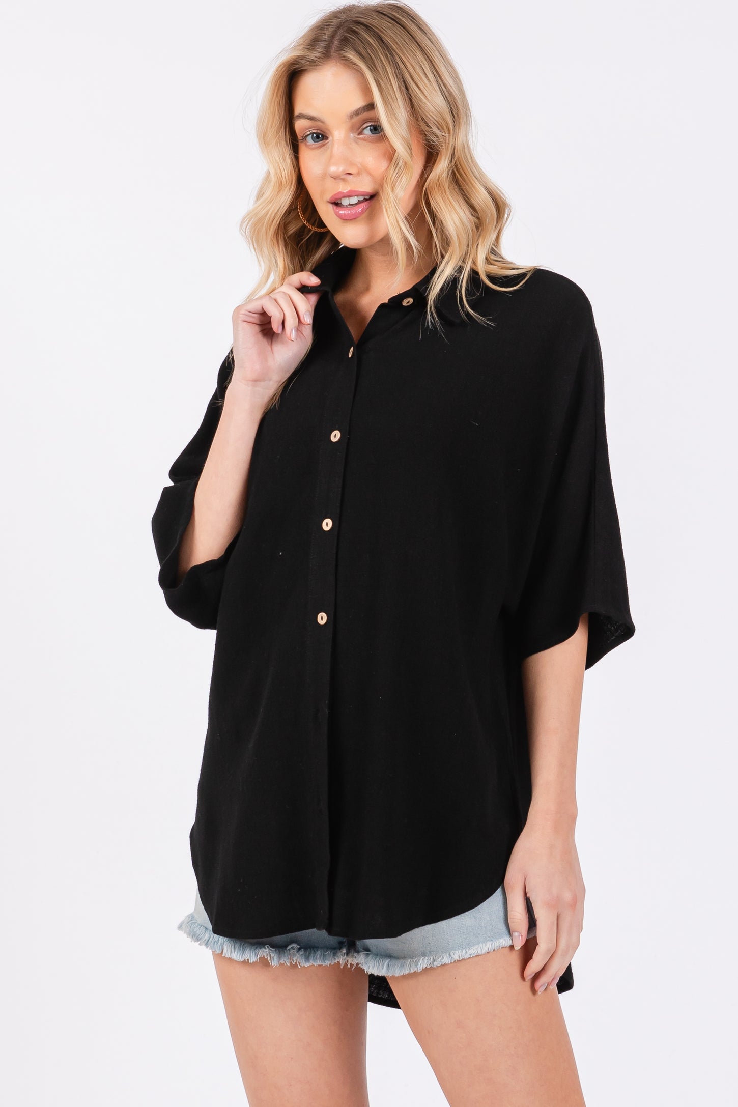 Black Linen Dolman Half Sleeve Button Down Maternity Top