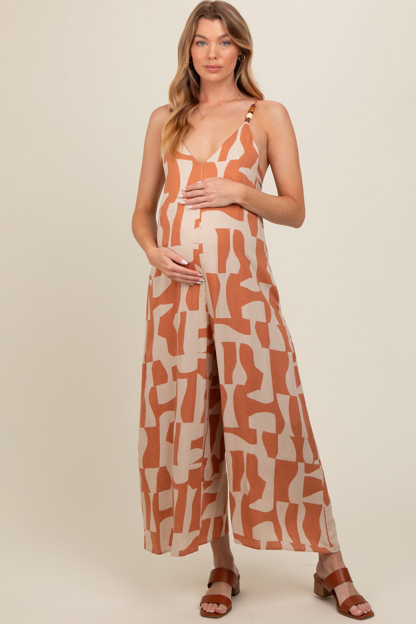 Camel Abstract Print Wide Leg Maternity Jumpsuit