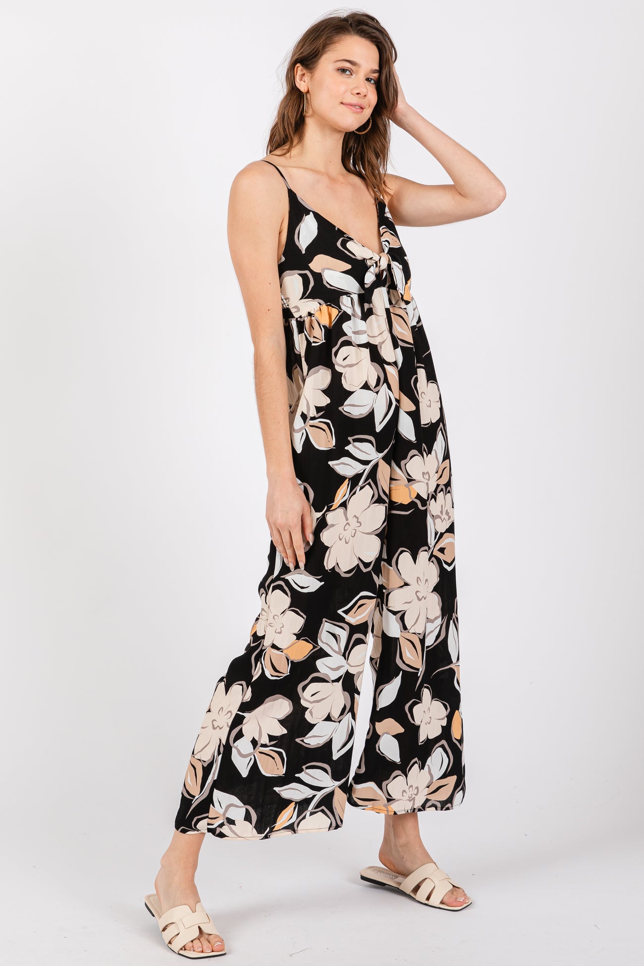 Black Floral Tie Front Jumpsuit