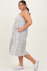 Ivory Plaid Shoulder Tie Plus Midi Dress