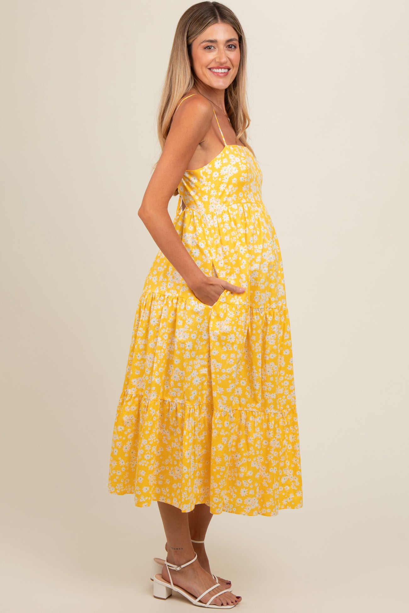 Yellow Floral Cutout Tie Back Maternity Midi Dress