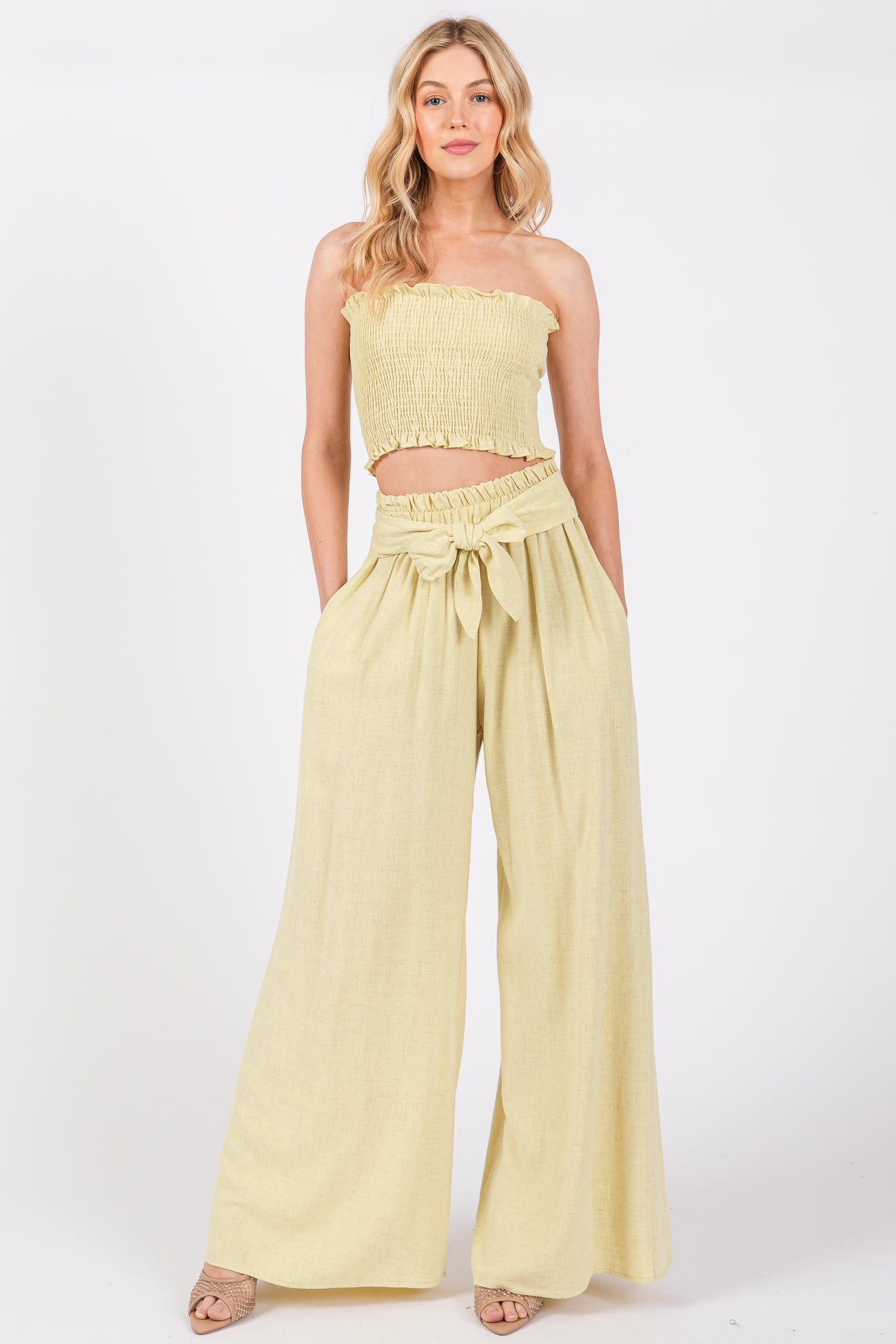 Yellow Front Tie Crop Top and Pant Maternity Set