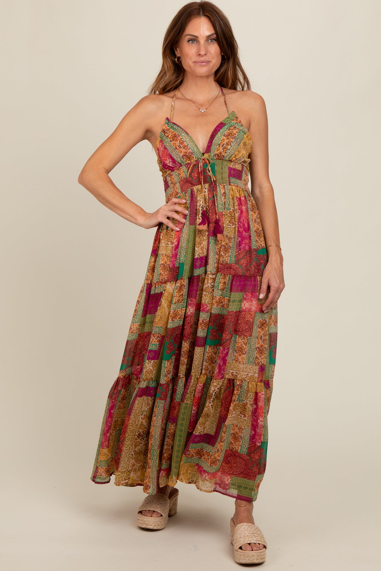 Olive Patchwork Print Halter Maxi Dress