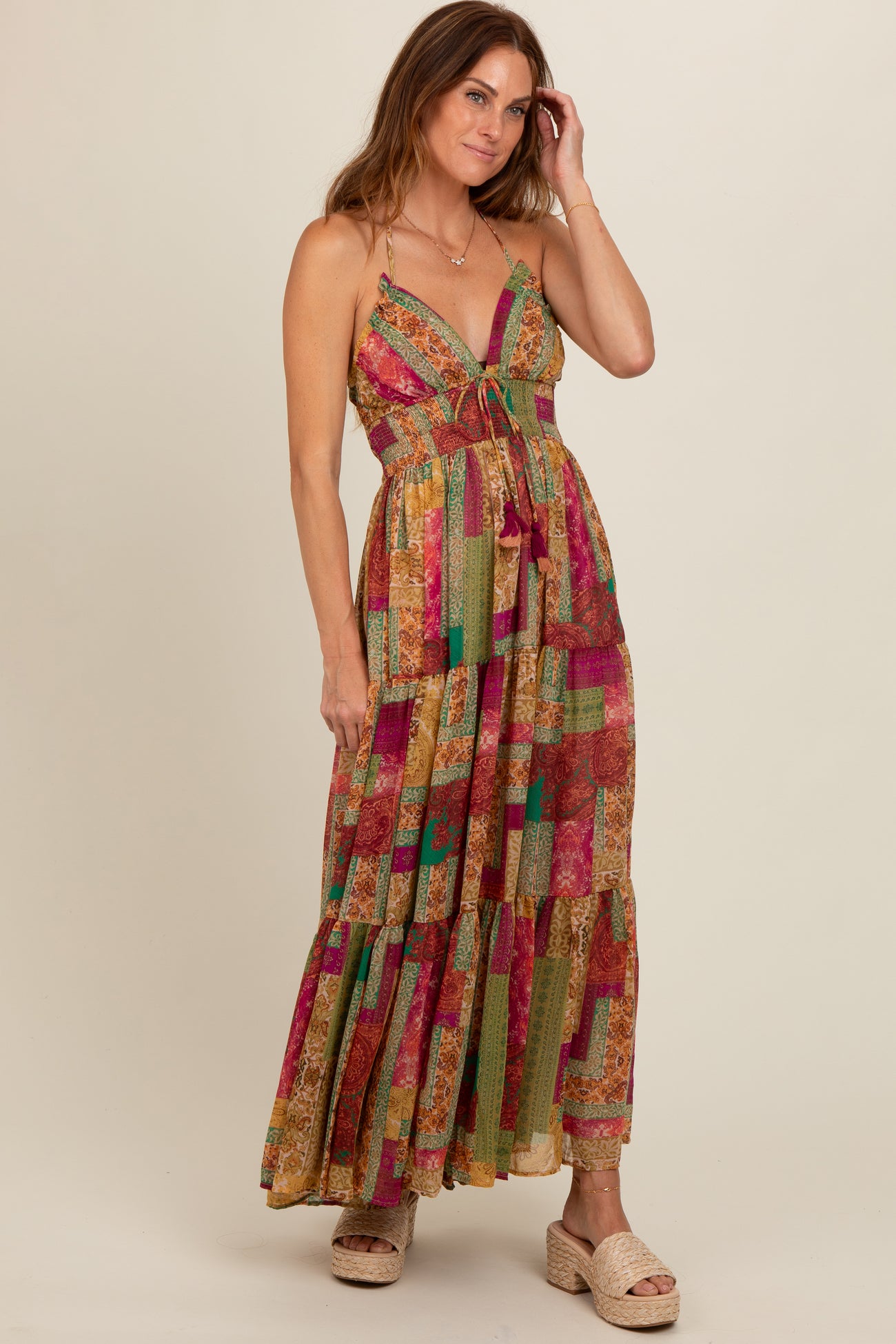 Olive Patchwork Print Halter Maternity Maxi Dress