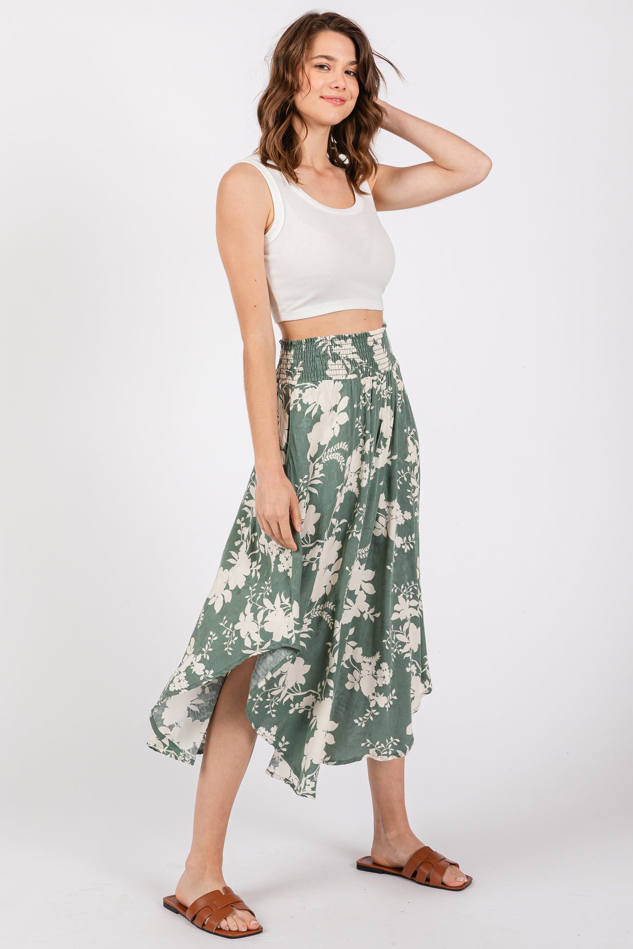 Jade Floral Embroidered Smocked Round Hem Midi Skirt