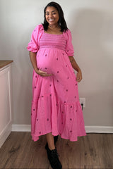 Pink Gauze Smocked Embroidered Square Neck Maternity Midi Dress