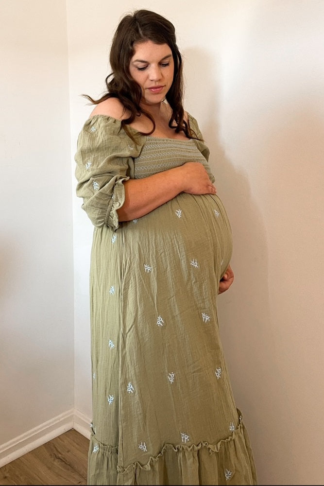 Light Olive Gauze Smocked Embroidered Square Neck Maternity Midi Dress