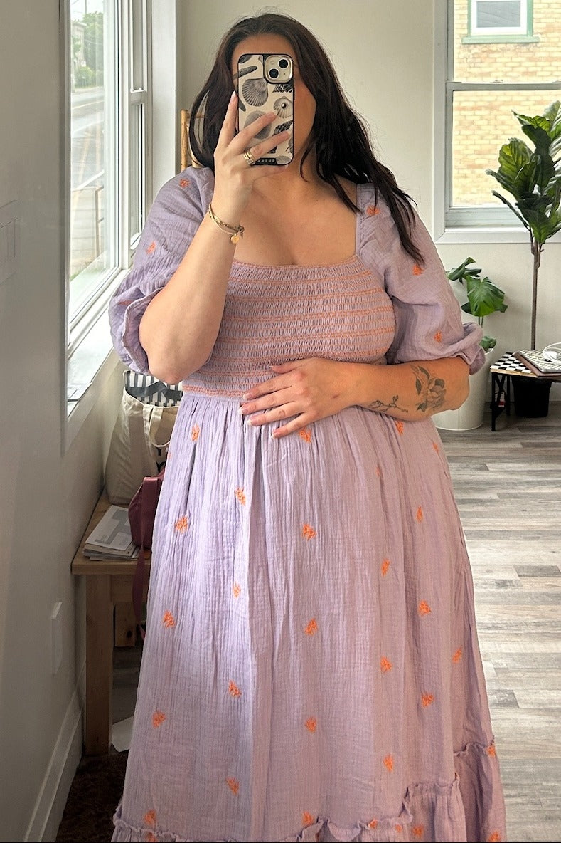 Lavender Gauze Smocked Embroidered Square Neck Maternity Midi Dress