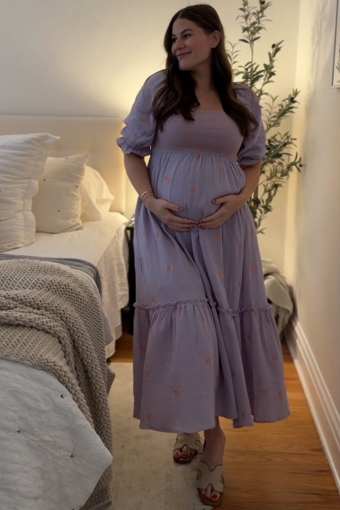 Lavender Gauze Smocked Embroidered Square Neck Maternity Midi Dress