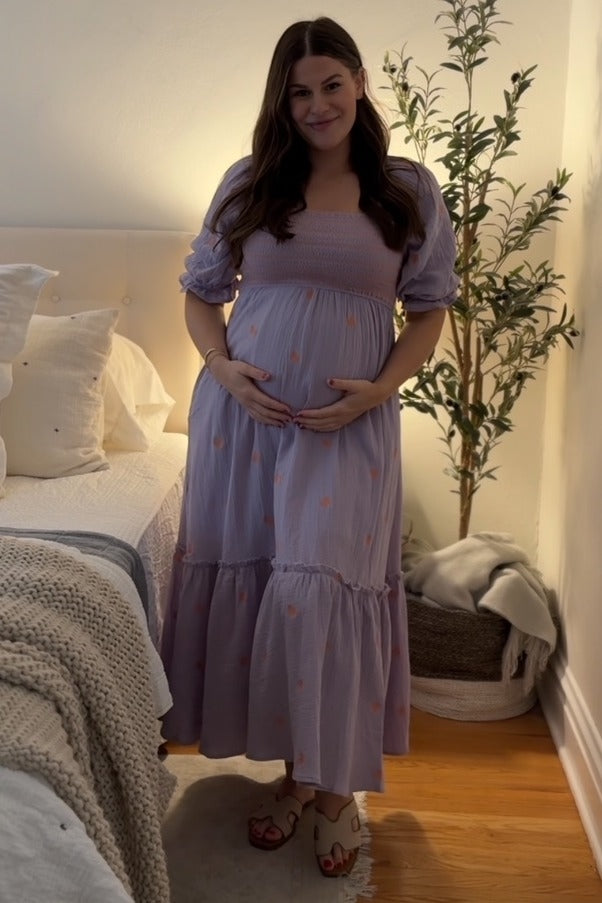 Lavender Gauze Smocked Embroidered Square Neck Maternity Midi Dress