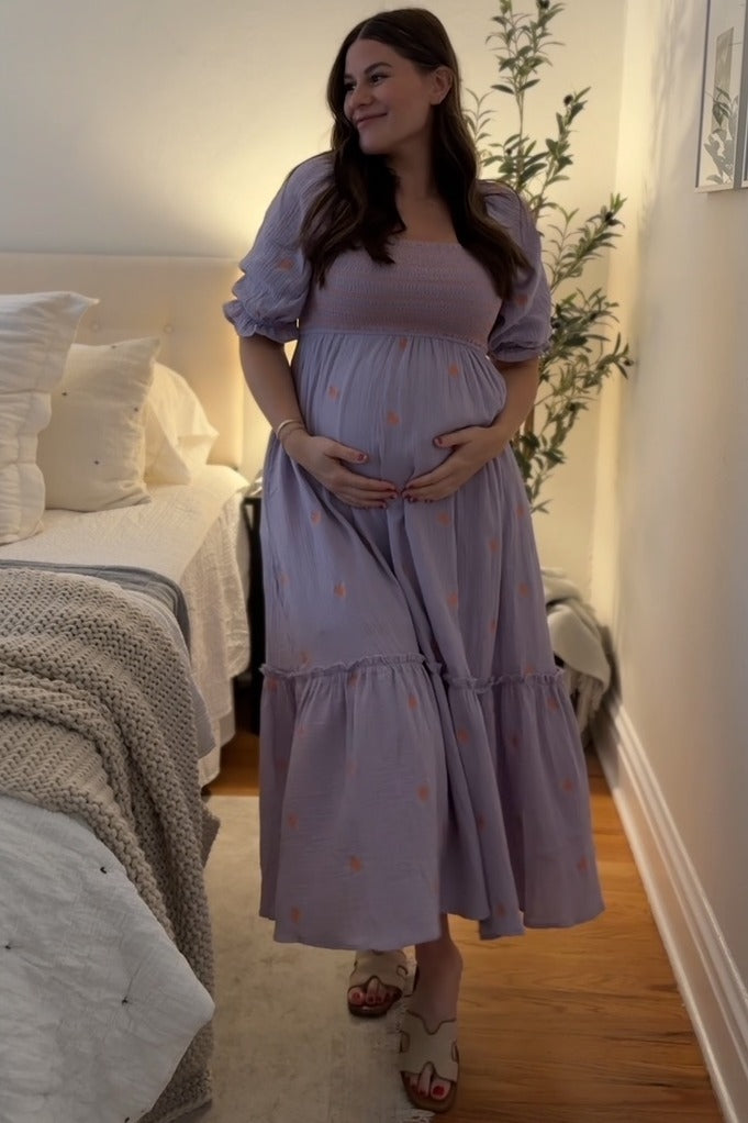 Lavender Gauze Smocked Embroidered Square Neck Maternity Midi Dress