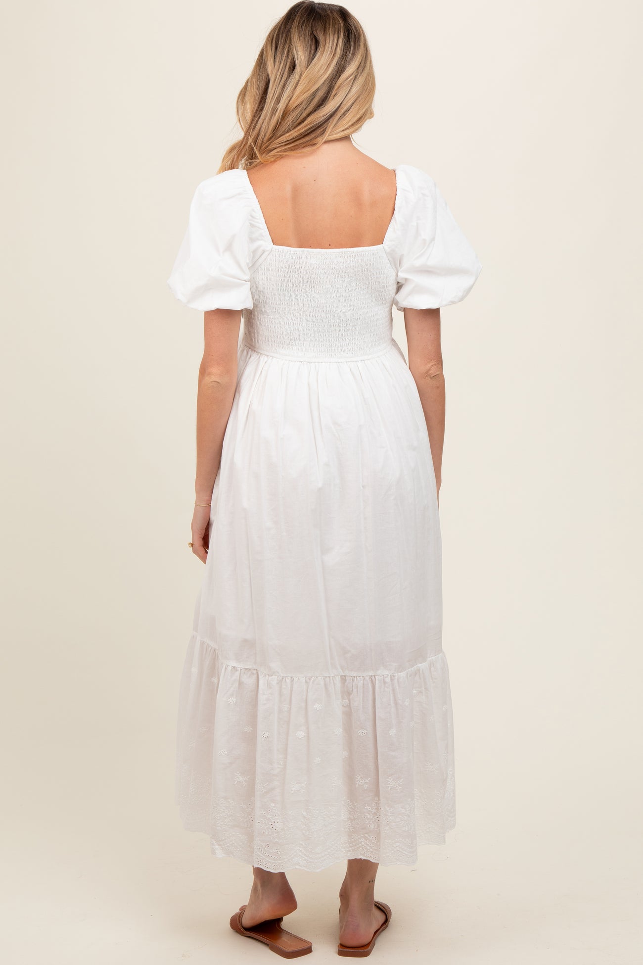 Ivory Eyelet Scalloped V-Neck Short Puff Sleeve Maternity Midi Dress