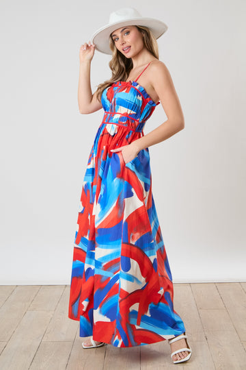 Red Pleated Binding Brushed Print Maxi Dress