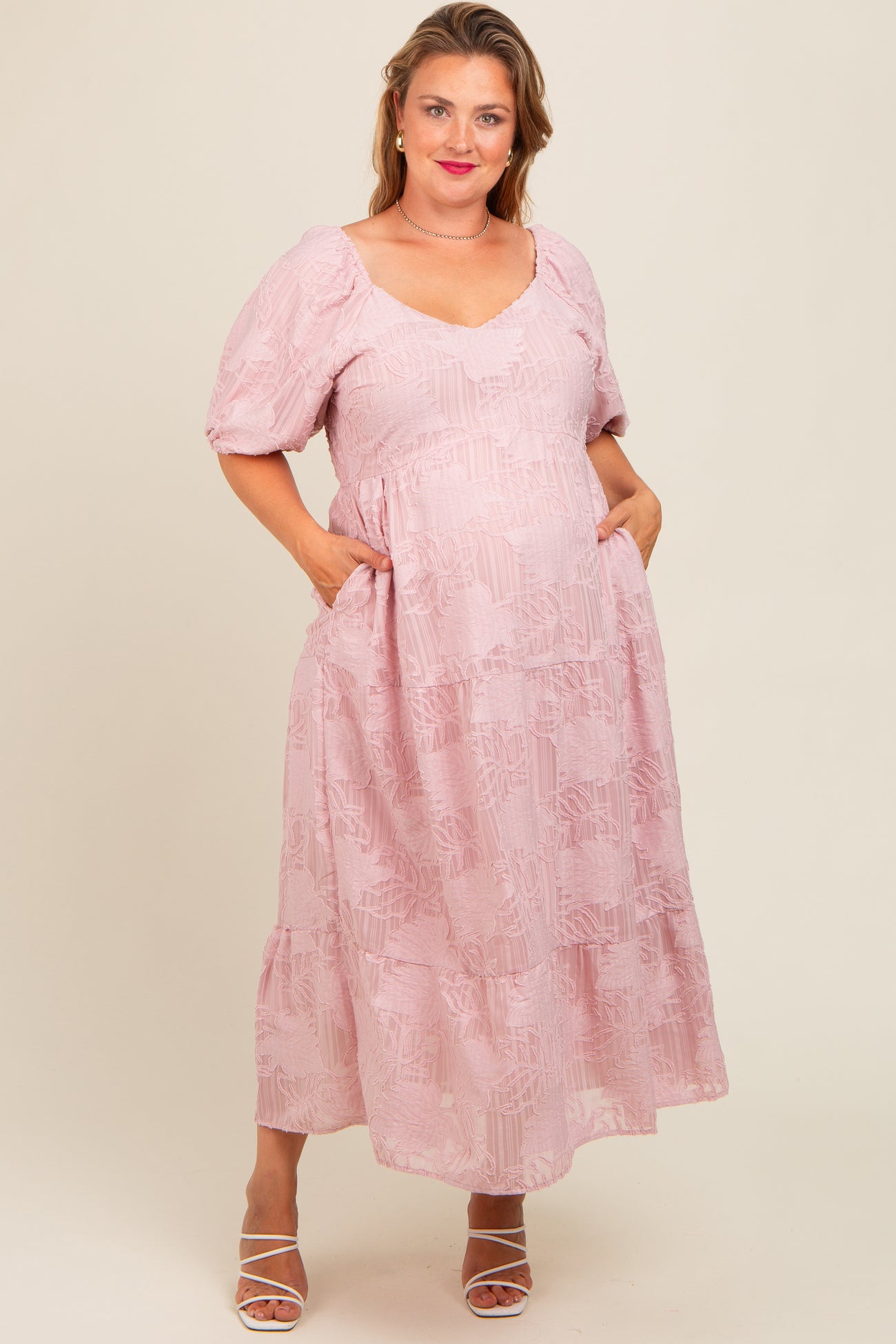 Light Pink Embroidered Leaf Print Striped Maternity Plus Maxi Dress