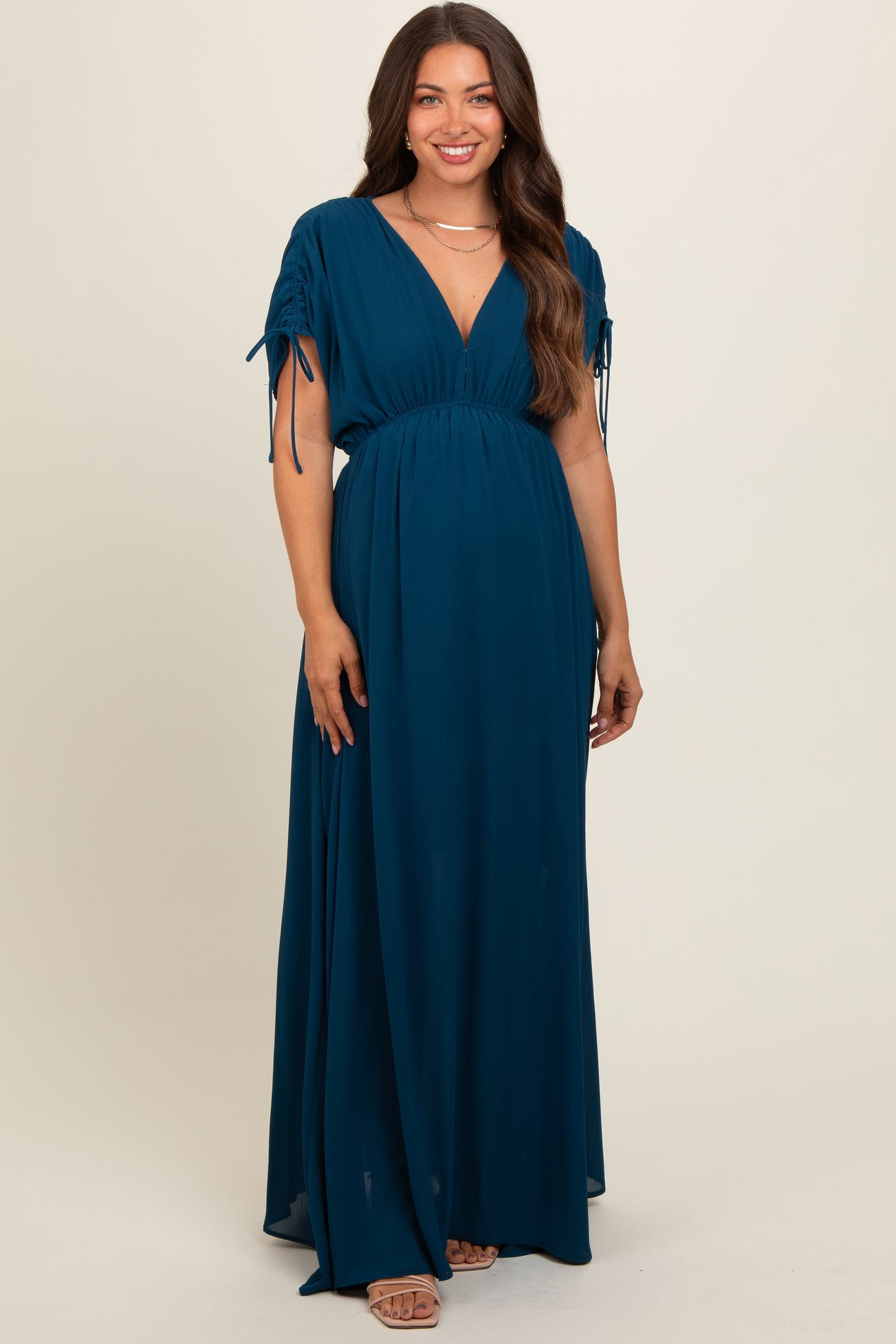 Navy Blue V-Neck Drawstring Short Sleeve Side Slit Maternity Maxi Dress