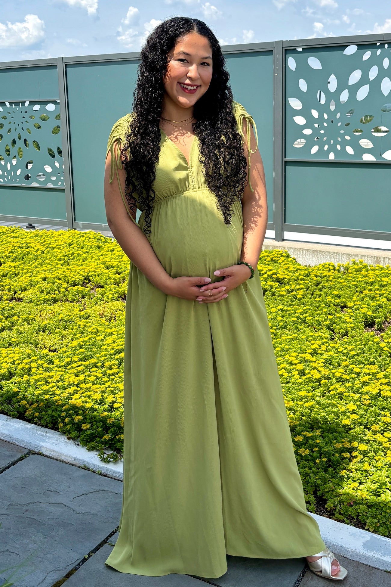 Light Olive V-Neck Drawstring Short Sleeve Side Slit Maternity Maxi Dress