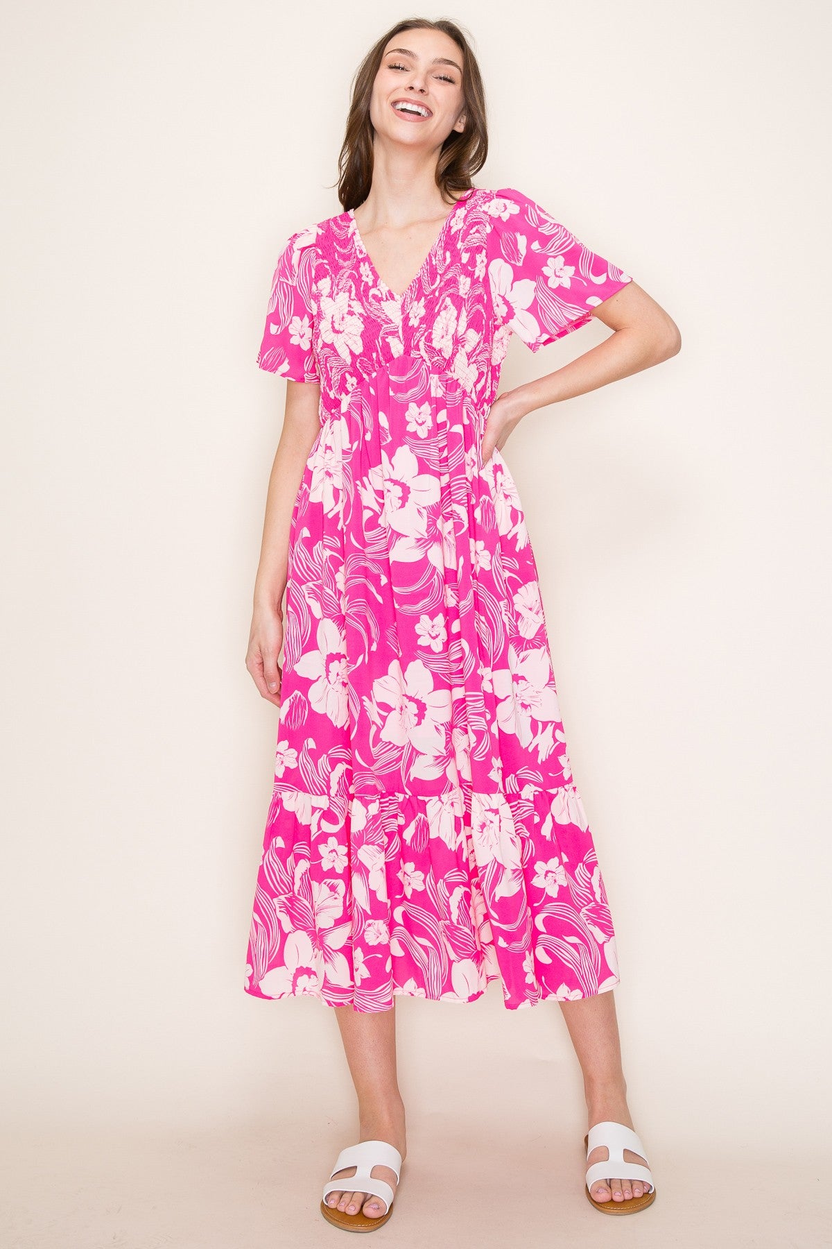 Pink Floral Print Smocked Midi Dress