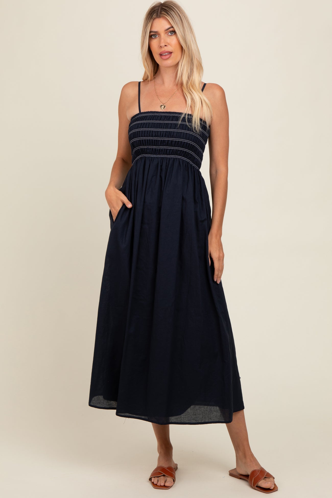 Navy Square Neck Maternity Midi Dress
